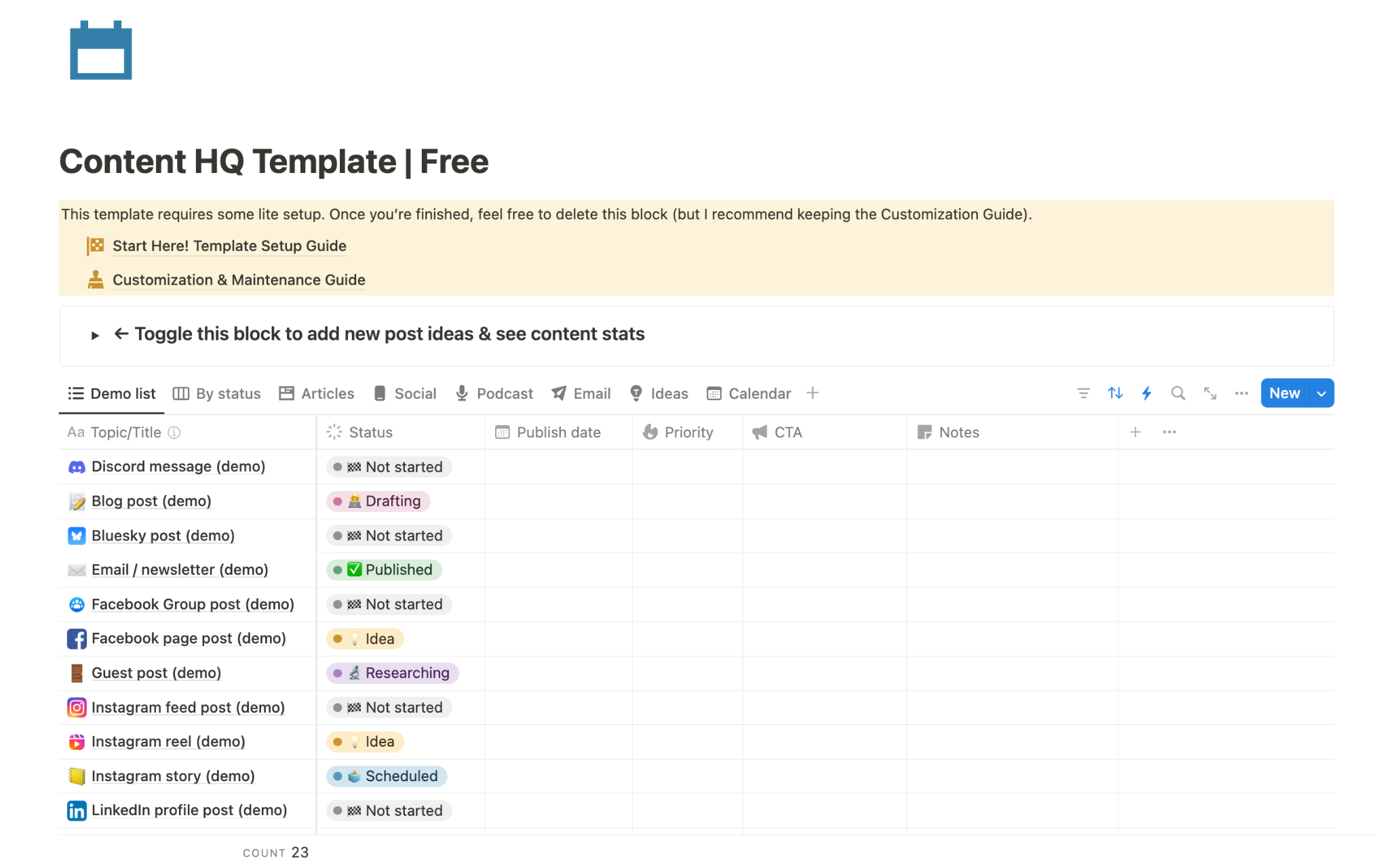 Screenshot of Mel Lee-Smith's free Notion content calendar template.